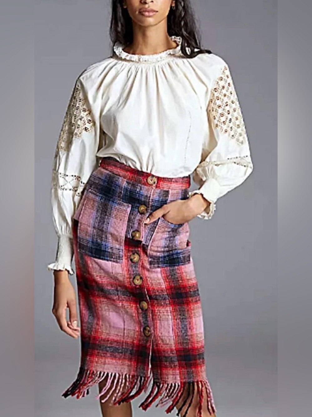 Anthropologie MAEVE Fringed Plaid Skirt sz 14 Pink Red Black Pockets Wool blend
